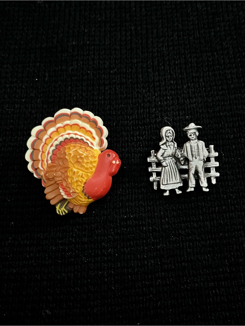 Vintage Thanksgiving Brooch Lot Hallmark Turkey & Pewter Pilgrim Couple Pin